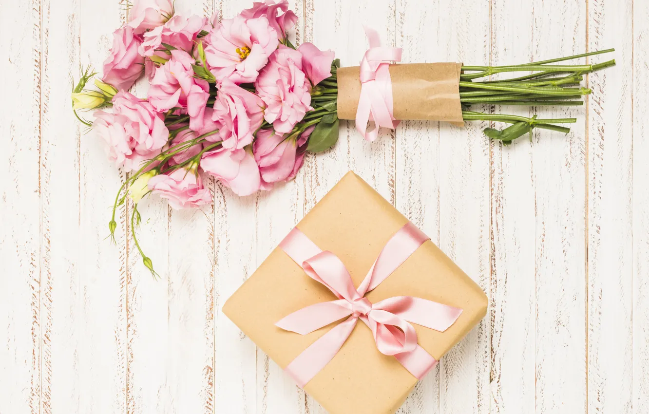 Фото обои цветы, розовый, подарок, букет, pink, flowers, эустома, gift box