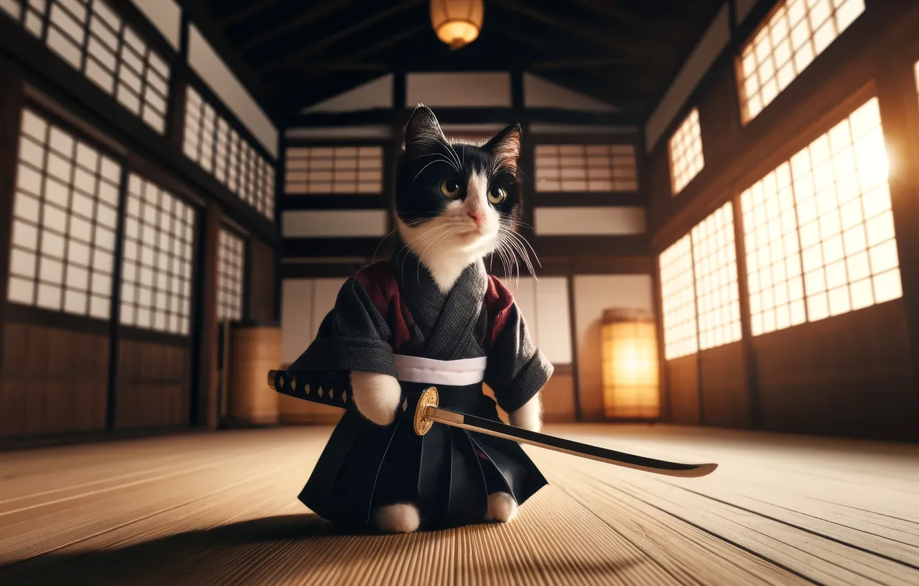 Фото обои sword, cats, samurai, dojo, AI art