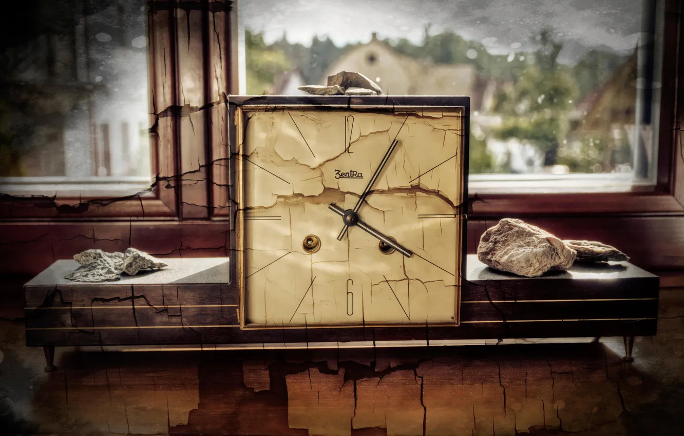 Фото обои трещины, часы, окно, арт
