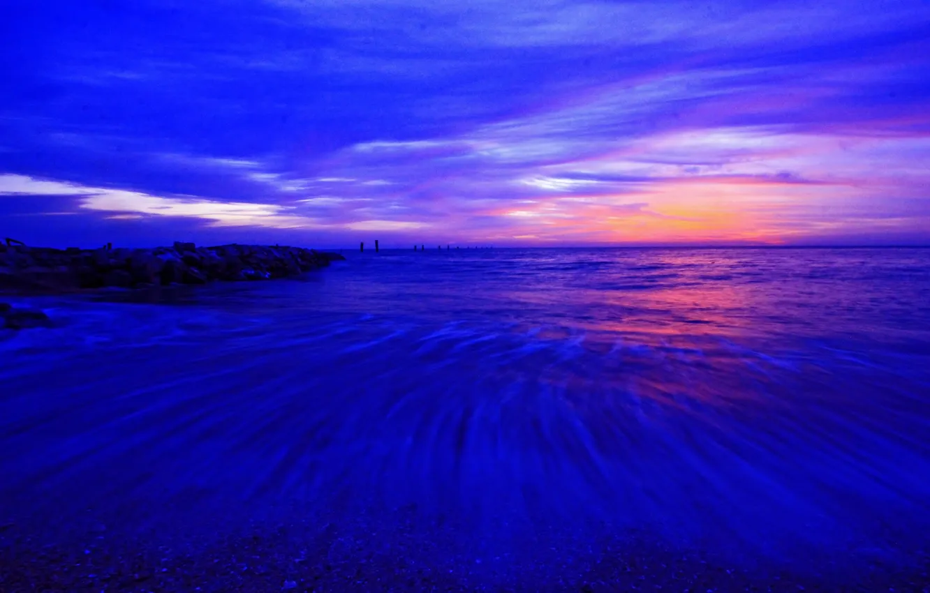Фото обои море, небо, облака, берег, вечер, отлив, зарево