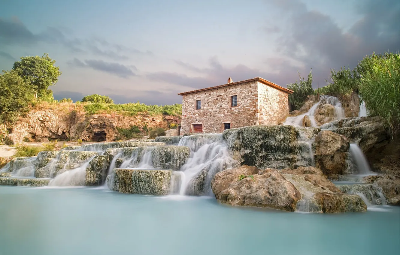 Фото обои природа, Италия, домик, водопады, Italy, Saturnia, Сатурния