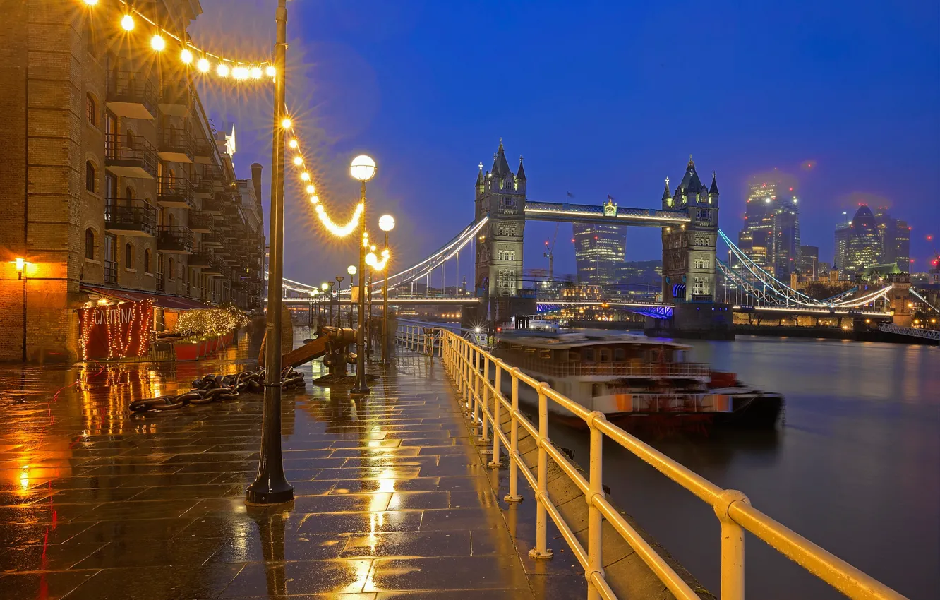 Фото обои огни, река, Англия, Лондон, дома, Темза, Тауэрский мост, Бермондси