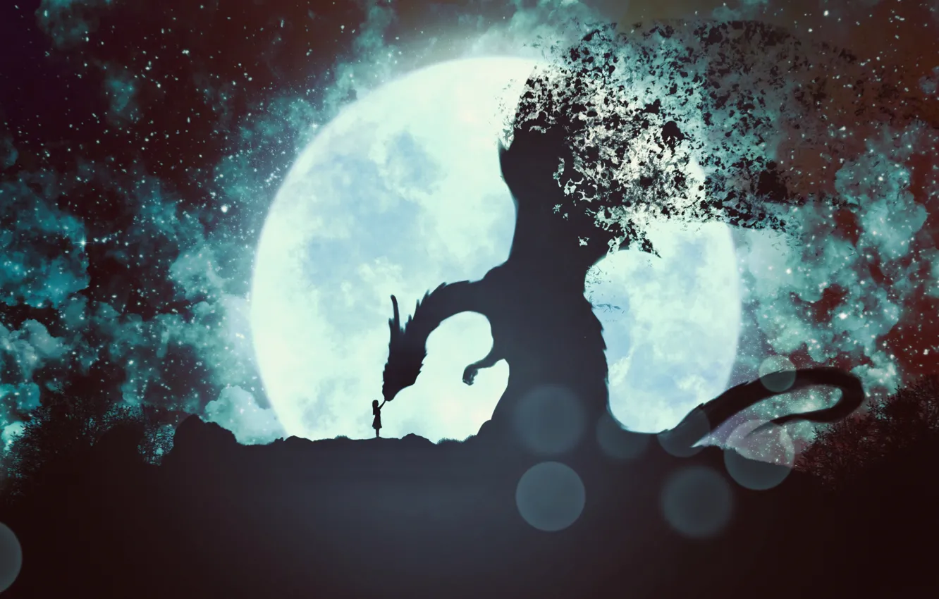 Фото обои девушка, луна, дракон, фэнтези