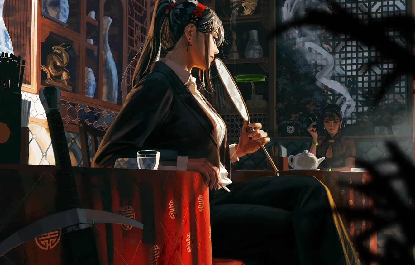 Фото обои sword, fantasy, smoking, smoke, girls, leaves, interior, digital art