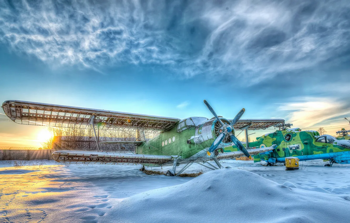 Фото обои зима, небо, самолет, HDR