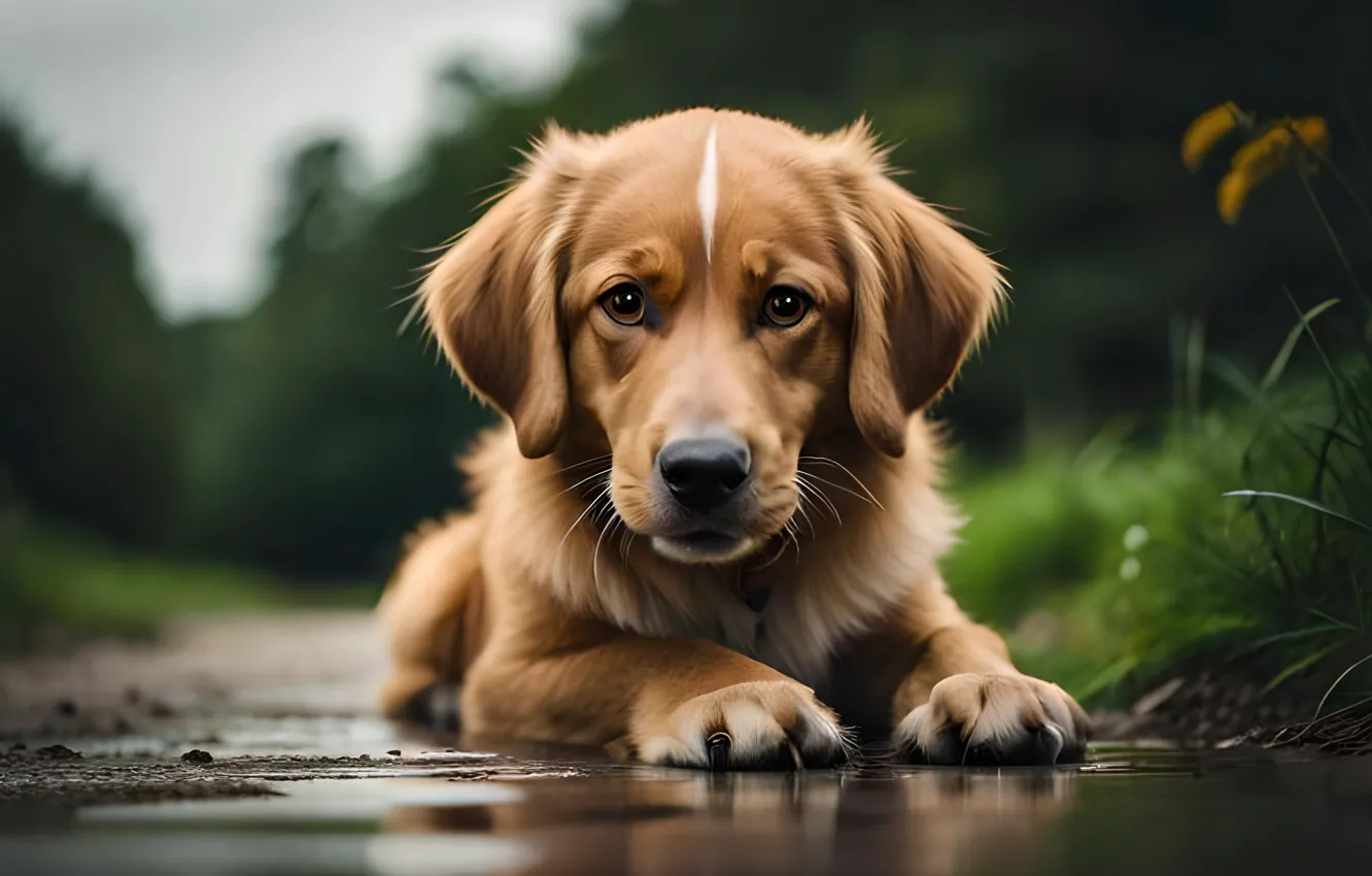 Фото обои взгляд, морда, собака, ретривер, цифровое искусство, ИИ-арт, Искусство искусственного интеллекта, НЕЙРОСЕТЬ