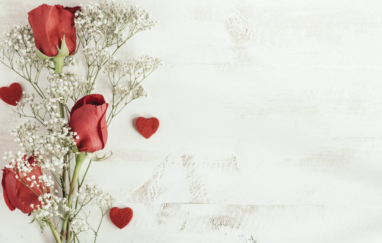 Фото обои сердечки, бутоны, веточки, Красные розы