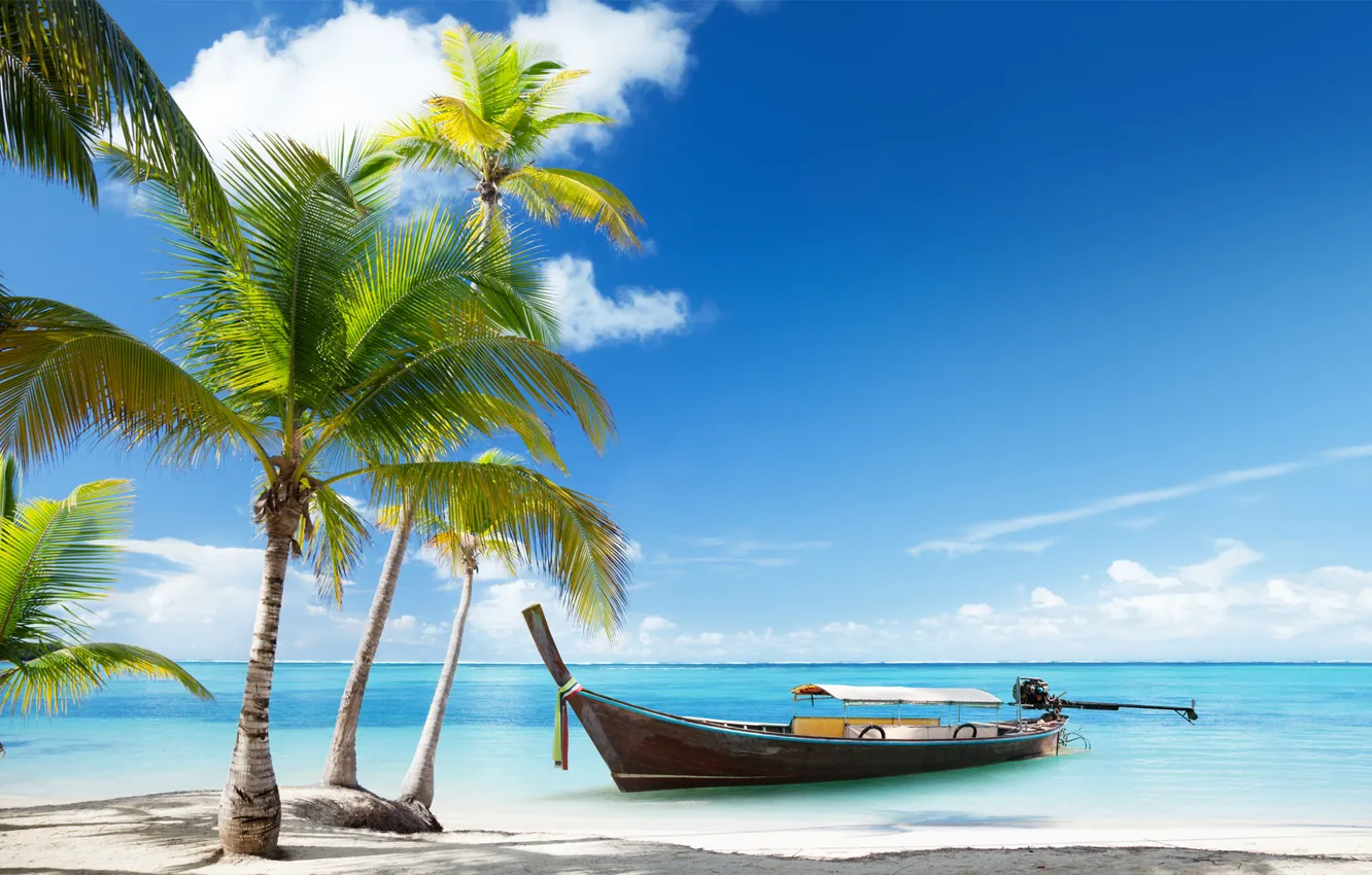 Фото обои песок, море, облака, тропики, пальмы, лодка, баркас