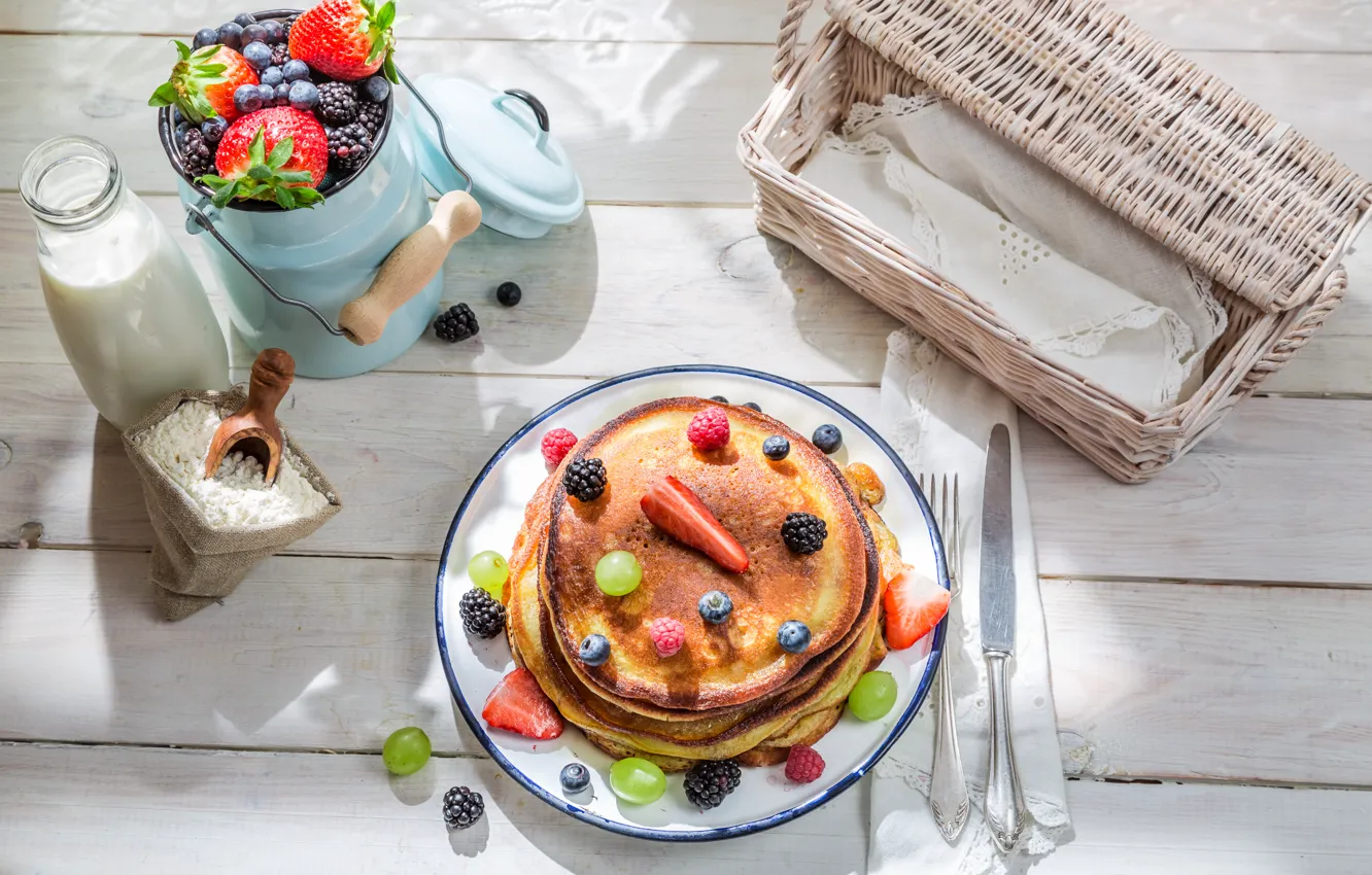 Фото обои ягоды, завтрак, молоко, блины, выпечка, berries, breakfast, milk