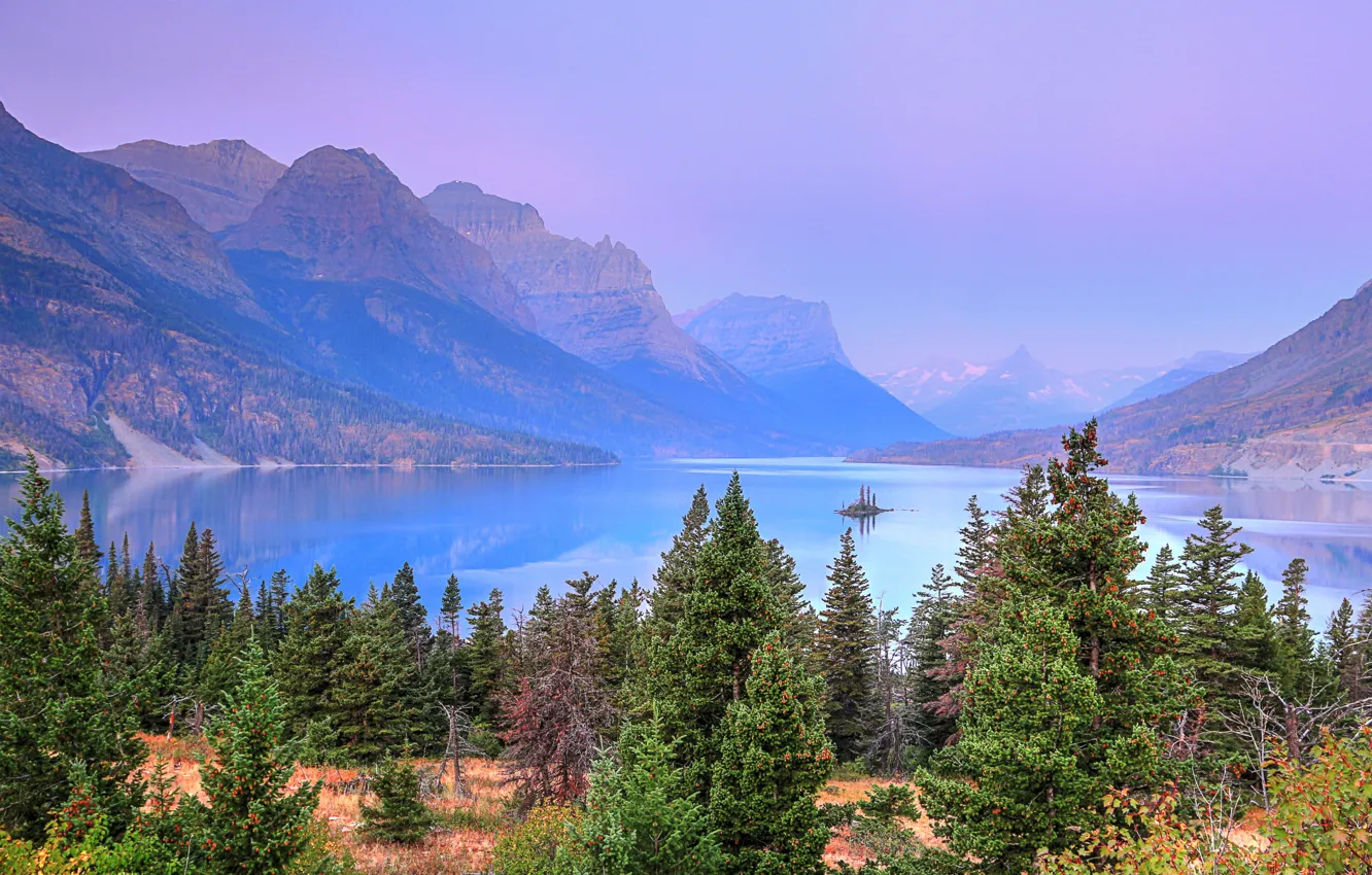 Фото обои лес, деревья, горы, природа, озеро, скалы, США, Glacier National Park