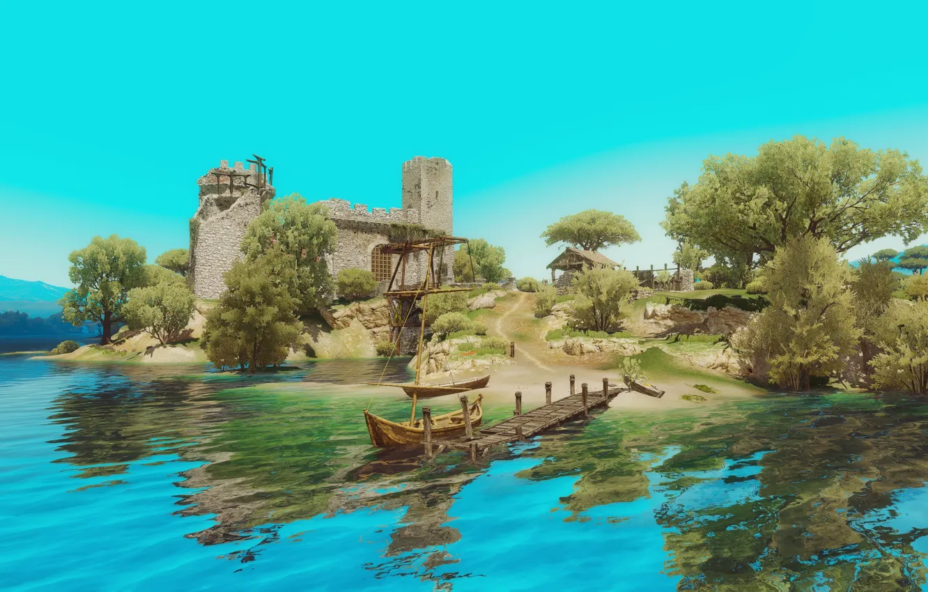 Фото обои пейзаж, река, замок, лодка, The Witcher 3, Wild Hunt