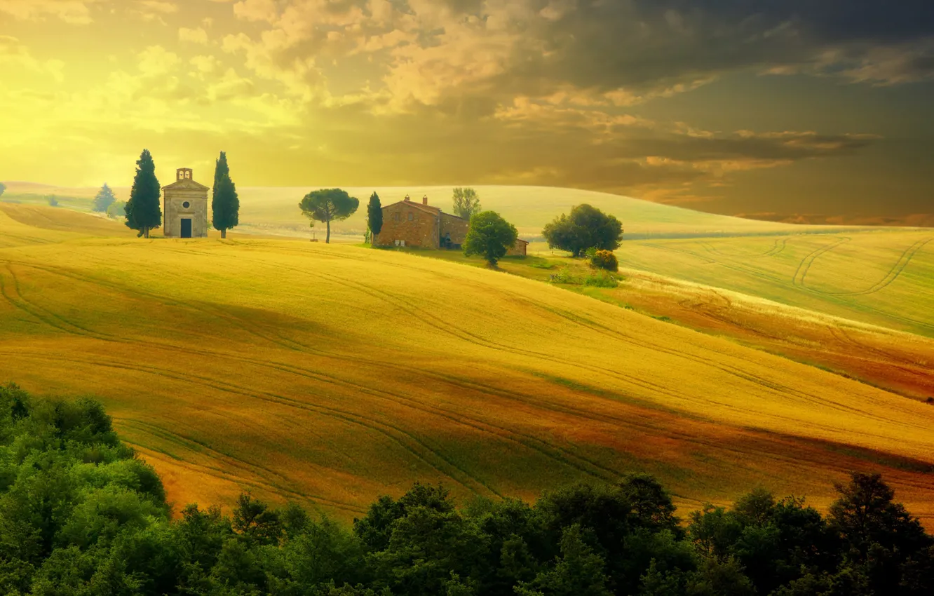 Фото обои поле, осень, дом, Италия, Тоскана