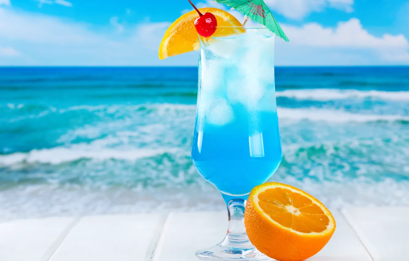 Фото обои лед, море, пляж, коктейль, фрукты, fresh, blue, orange