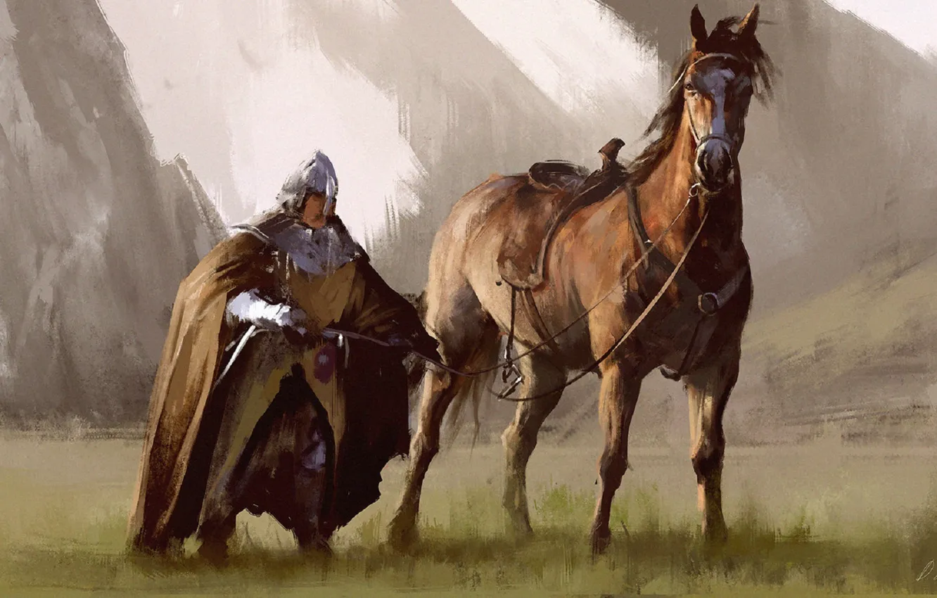 Фото обои лошадь, меч, воин, арт, мужчина, всадник, плащ, латы
