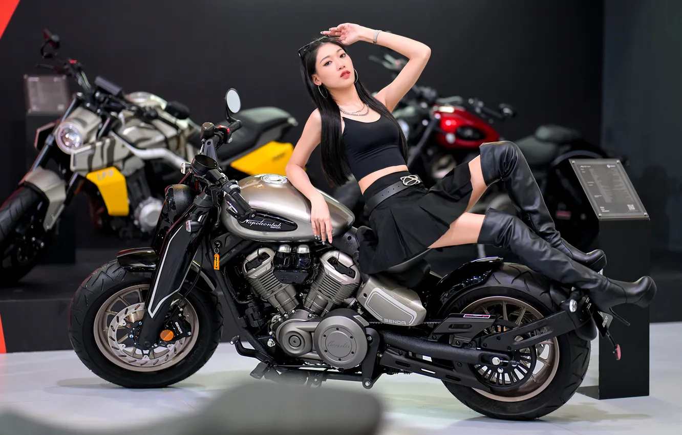 Фото обои Asian, long hair, motorcycle, model, women, sitting, dark hair, knee-high boots