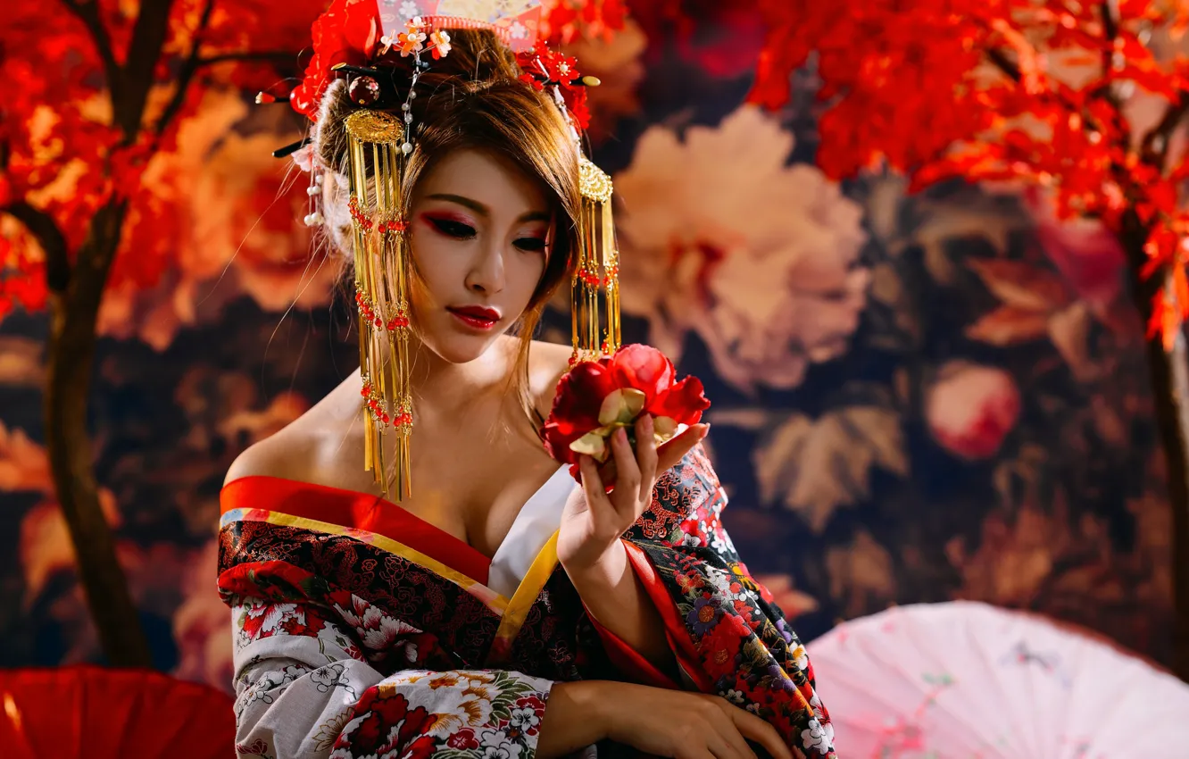 Фото обои цветок, украшения, зонт, Япония, азиатка