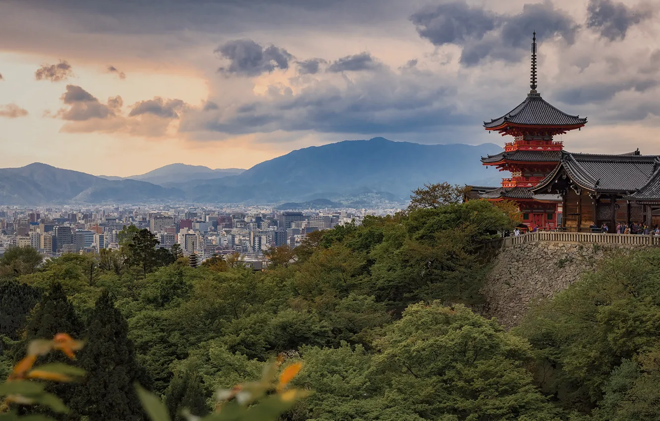 Фото обои пейзаж, горы, природа, город, Япония, храм, пагода, Киото