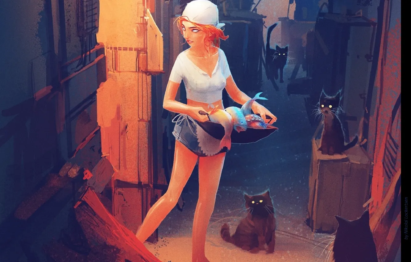 Фото обои рыба, вечер, ящики, переулок, подворотня, белая блузка, рыжеволосая девушка, Nikolai Lockertsen