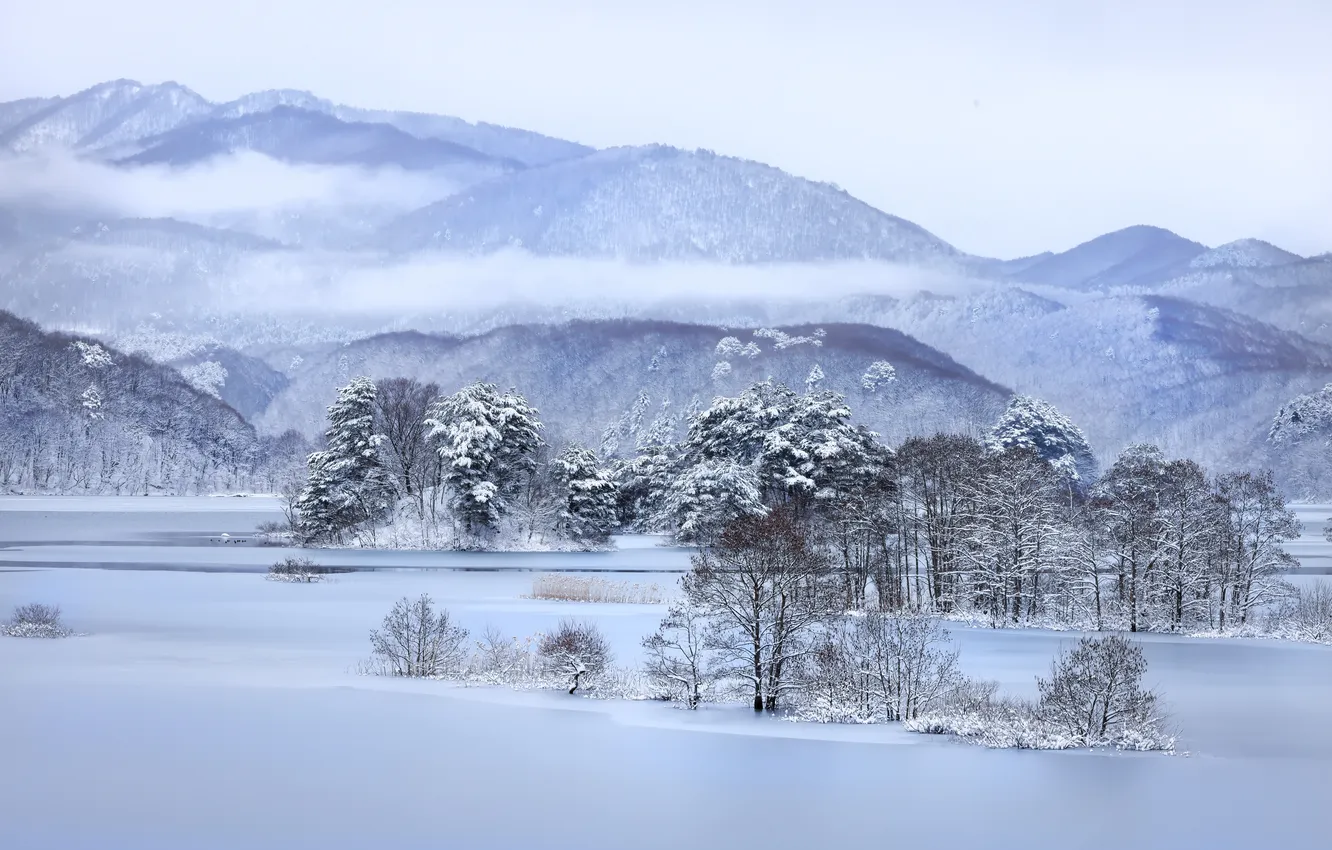 Фото обои зима, горы, река