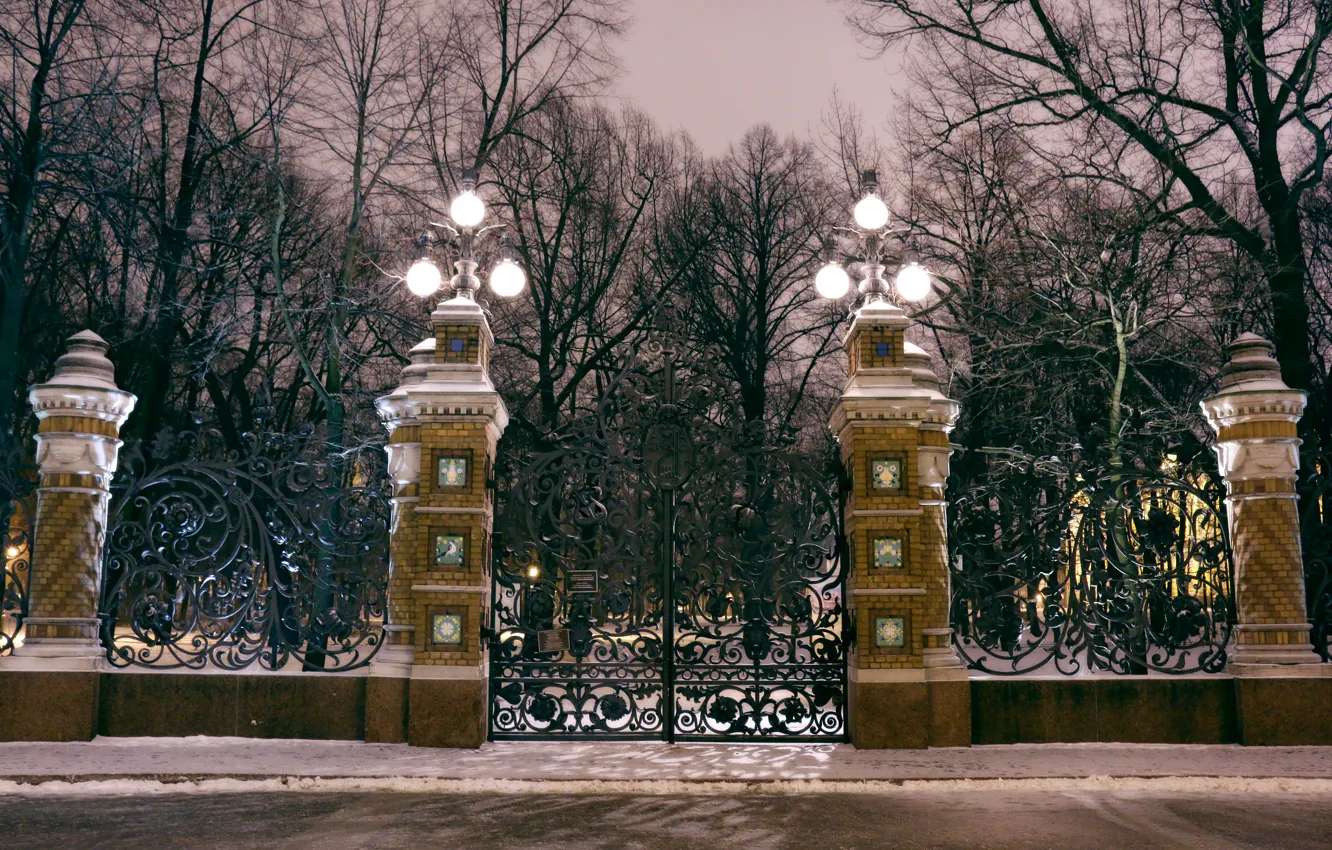Фото обои свет, ночь, ворота, решетка, фонари, Санкт-Петербург, light, night