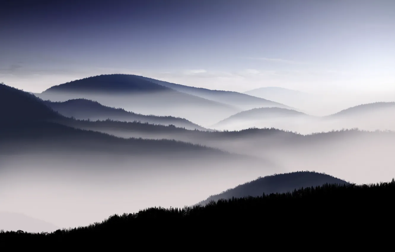 Фото обои небо, горы, туман, утро
