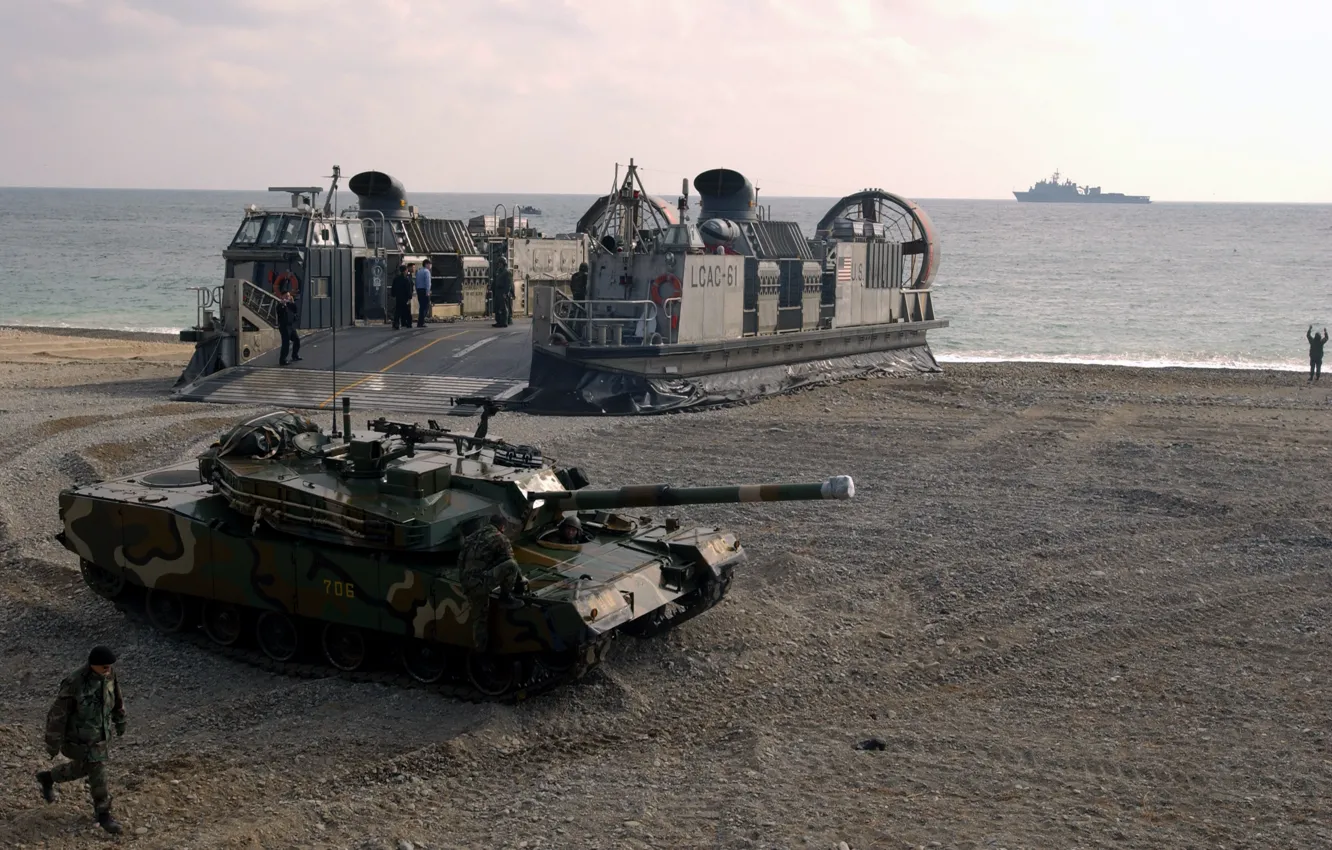 Фото обои gun, USA, beach, sea, weapon, South Korea, tank, Korea