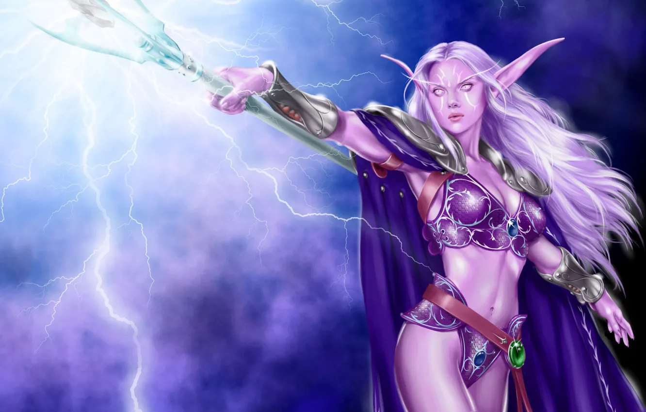 Фото обои девушка, магия, молнии, посох, эльфийка, World Of WarCraft