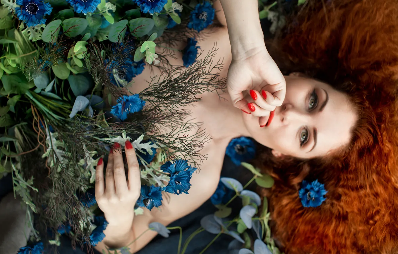Фото обои взгляд, девушка, цветы, лицо, волосы, руки, рыжая, рыжеволосая