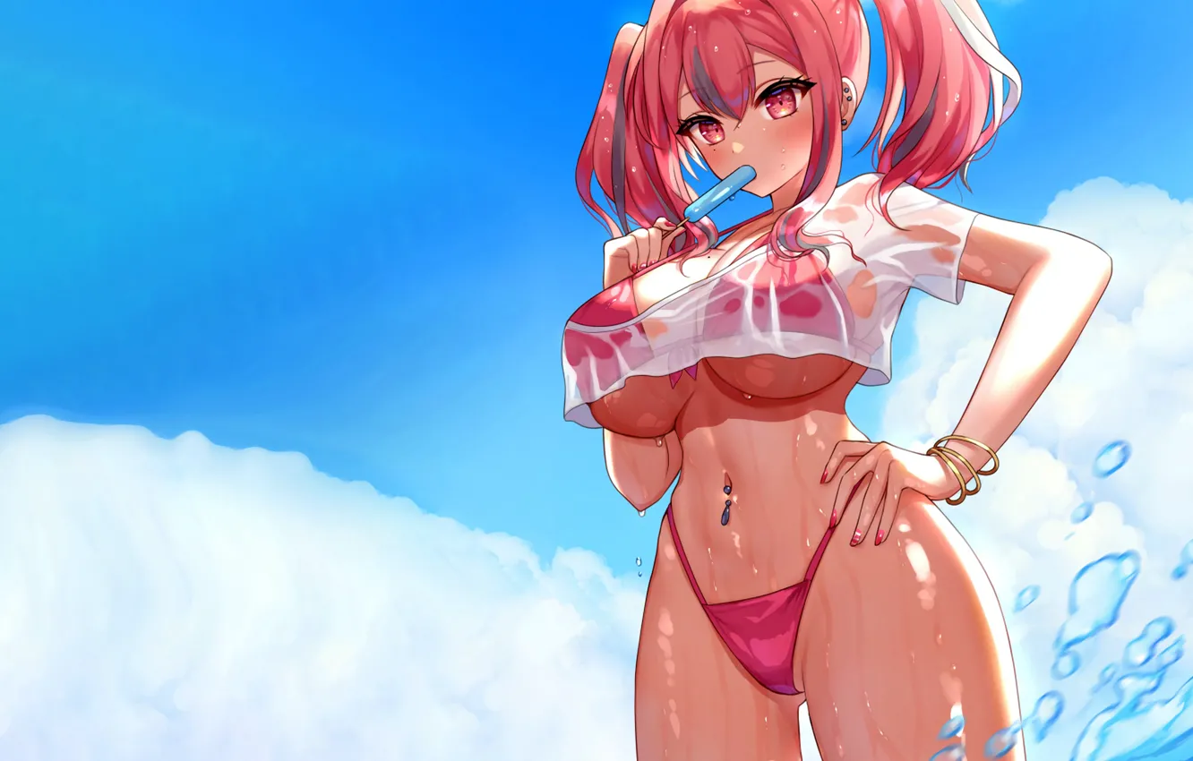 Фото обои girl, sexy, cleavage, beach, sea, boobs, anime, beautiful