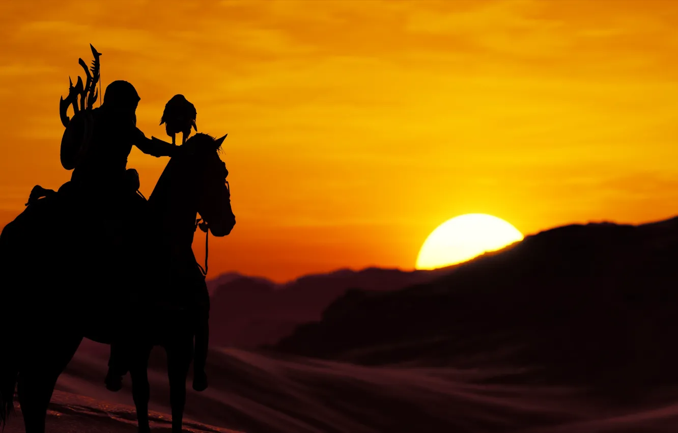 Фото обои рассвет, птица, лошадь, всадник, Assassin's Creed Origins