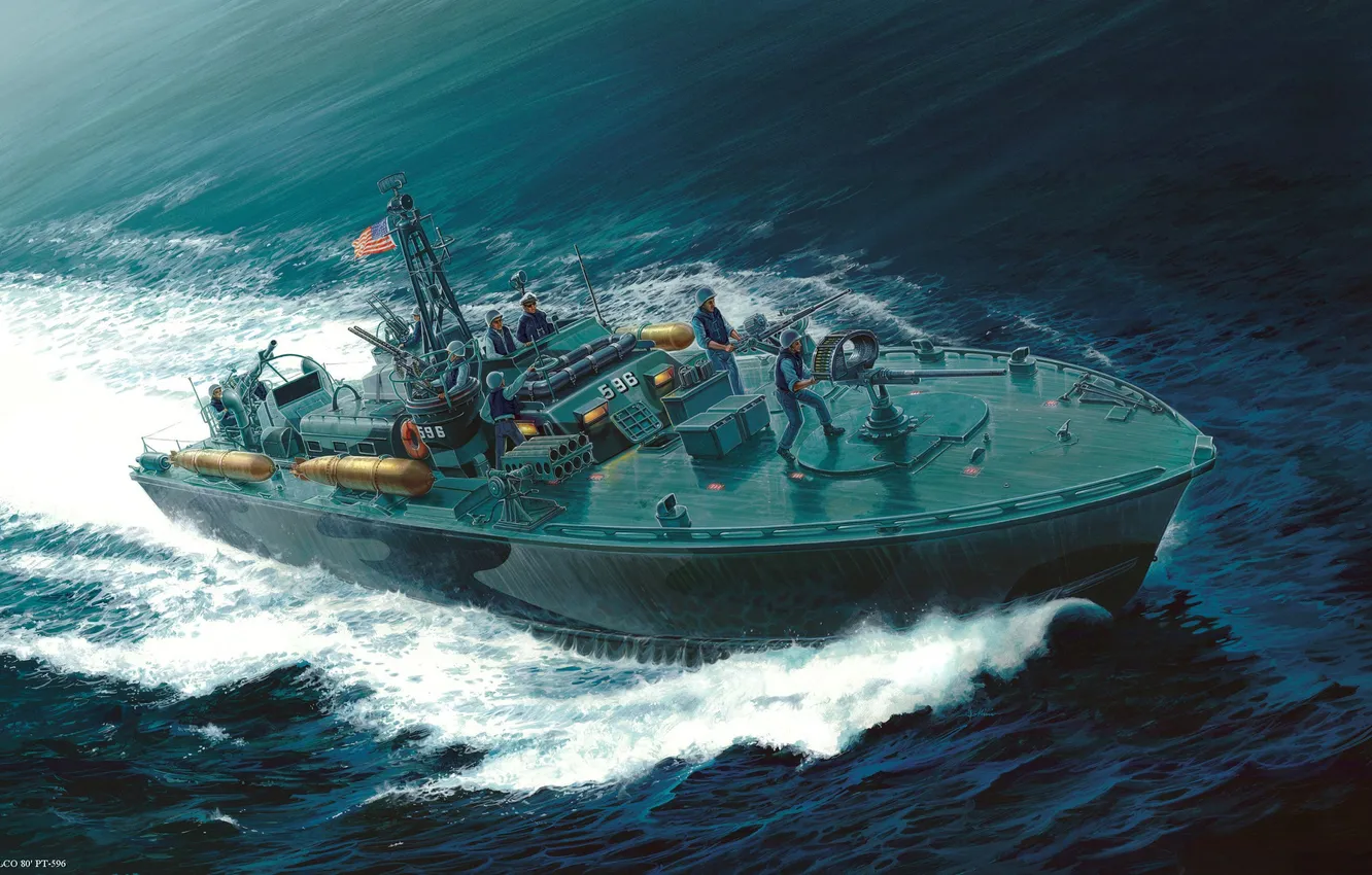 Фото обои катер, солдаты, американский, ВМС, торпедный, ELCO 80 PT-596