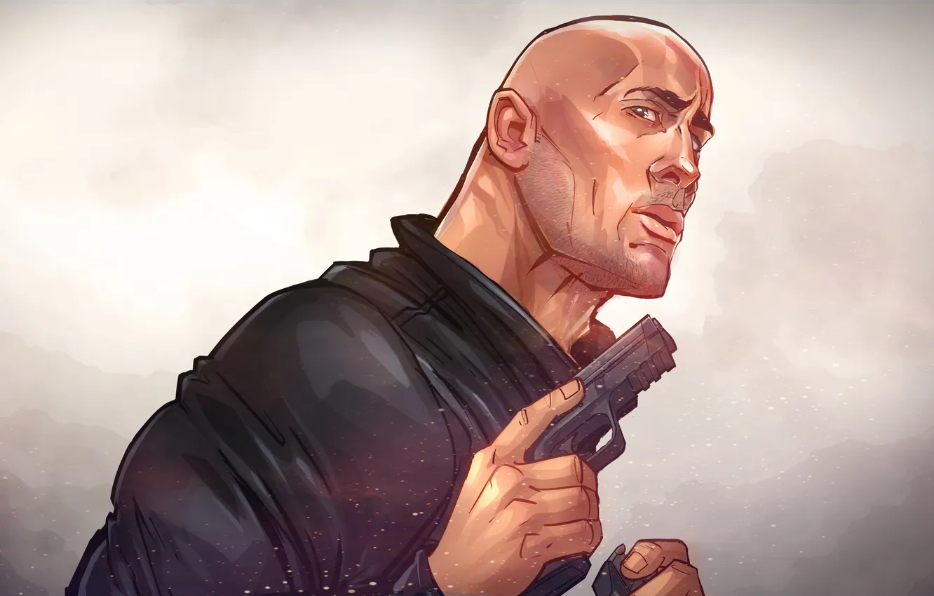 Фото обои пистолет, фон, рисунок, портрет, арт, карикатура, Дуэйн Джонсон, Dwayne Johnson