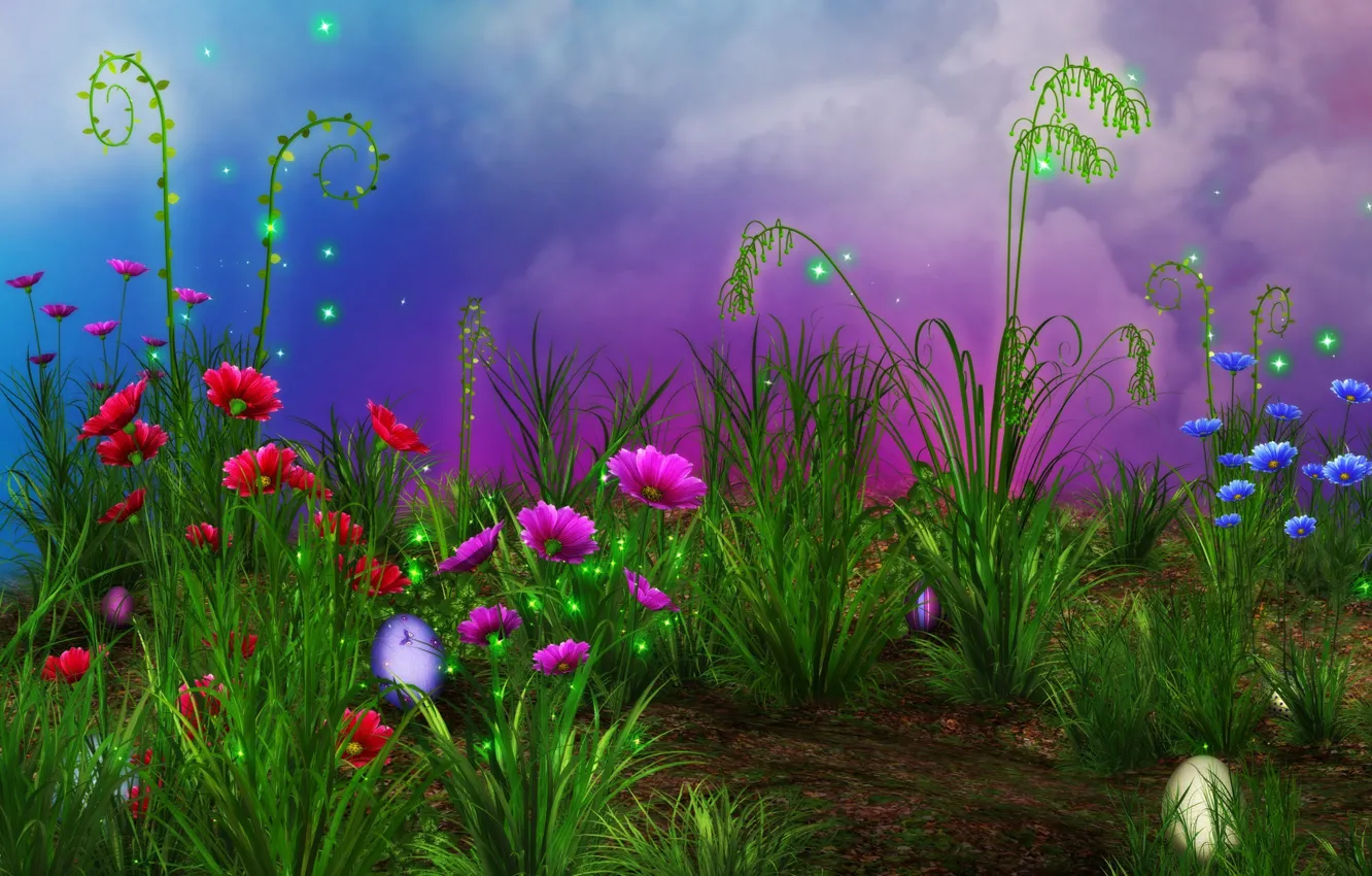 Фото обои трава, цветы, искры, grass, Flowers, пасхальные яйца, rendering, sparkes