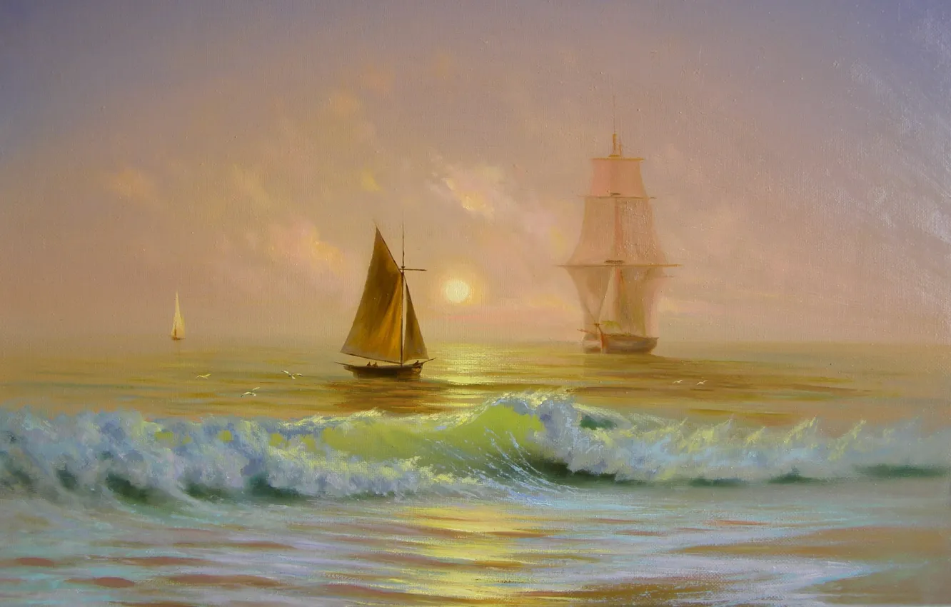 Фото обои море, лодка, парусник, корабли, картина
