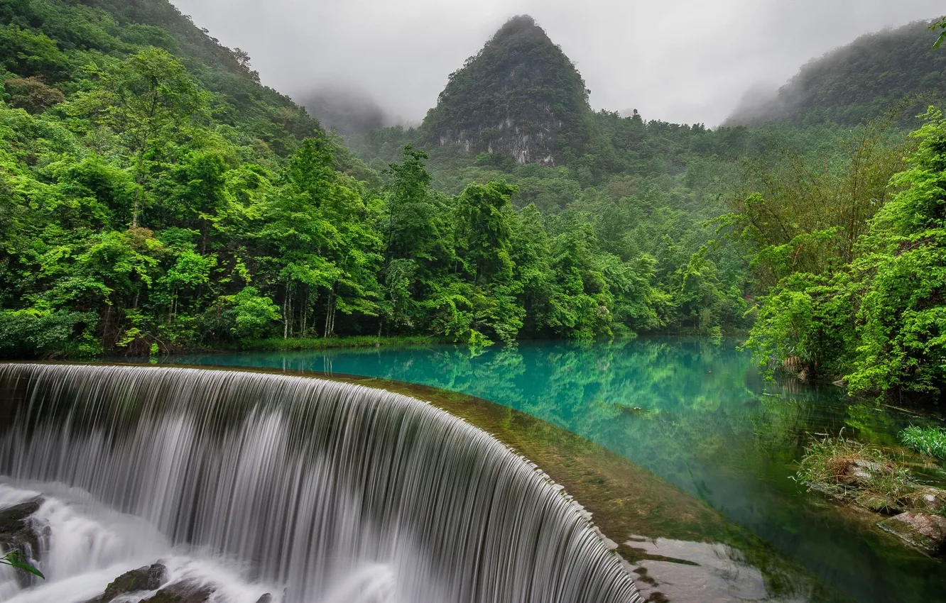 Фото обои лес, горы, река, China, водопад, Китай, Либо, Libo County