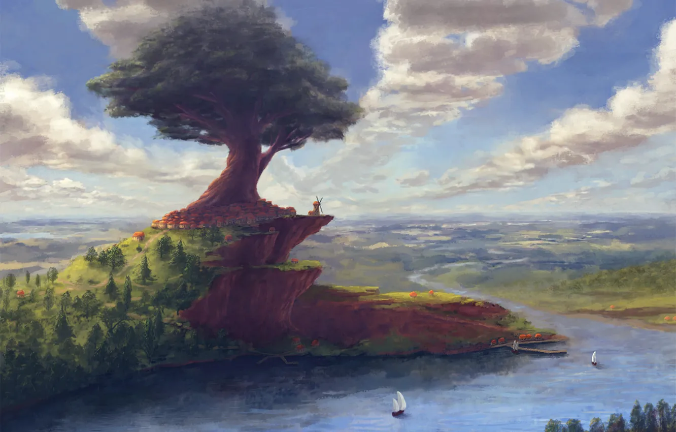 Фото обои лес, небо, облака, город, река, дерево, берег, лодка
