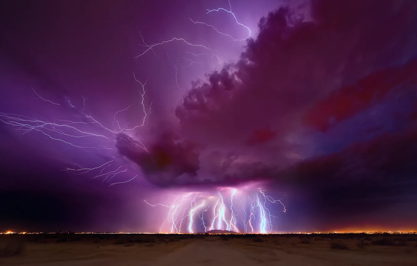 Фото обои гроза, небо, ночь, тучи, молнии, молния, вечер, Аризона