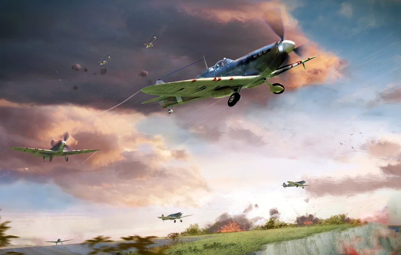 Фото обои взлёт, Spitfire, Битва за Британию, ВВС Великобритании, Королевские ВВС, Supermarine, британский истребитель времён Второй мировой …