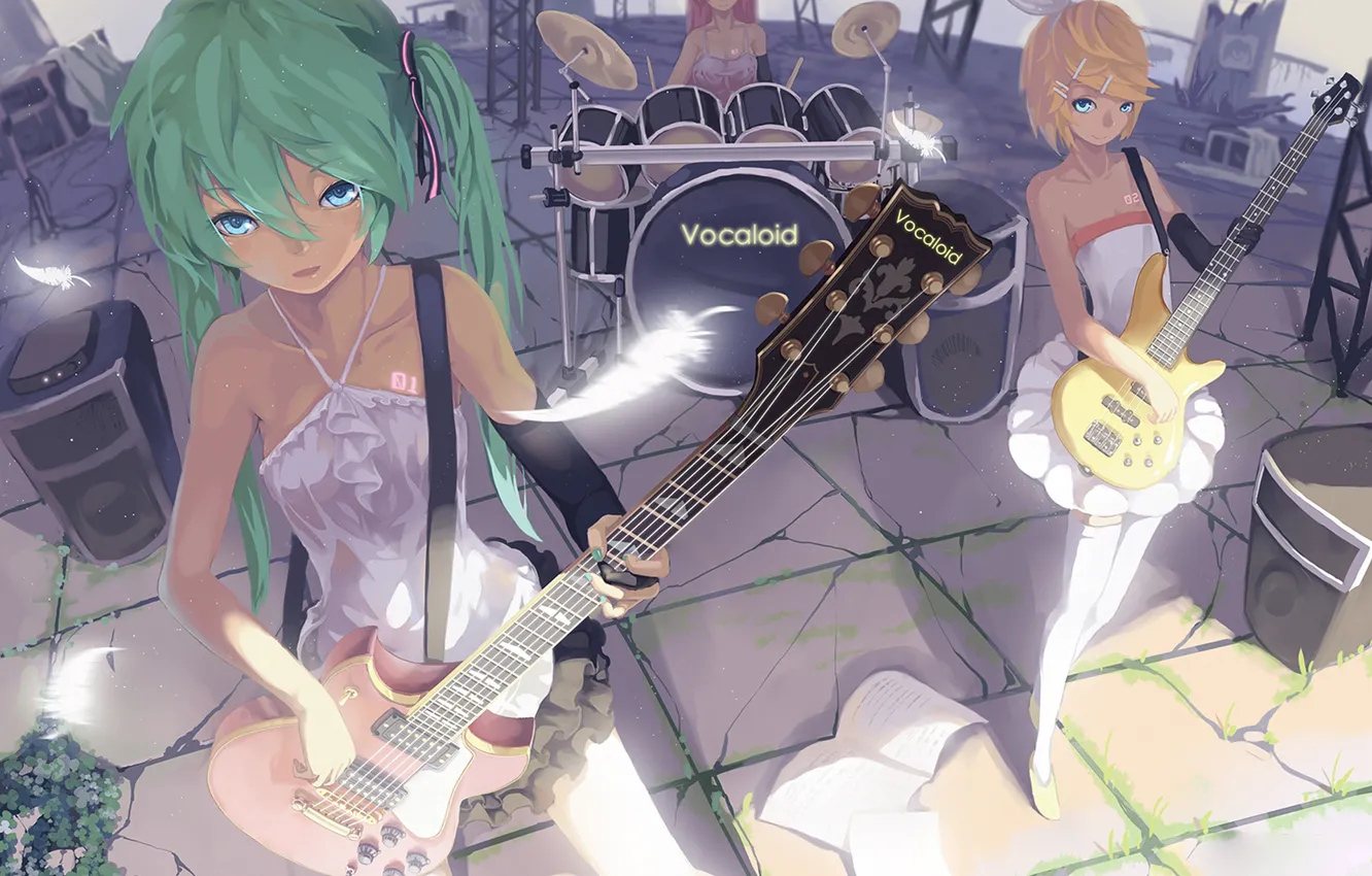 Фото обои девушки, игра, гитара, перья, барабаны, hatsune miku, megurine luka, kagamine rin