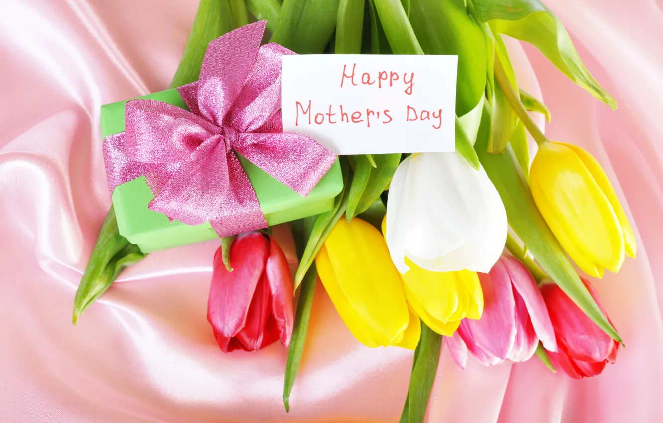 Фото обои цветы, подарок, лента, тюльпаны, разноцветные, поздравление, день матери