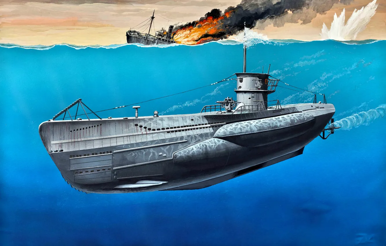 Фото обои German, art, painting, submarine, VIIC, WWII, Type, U-Boot