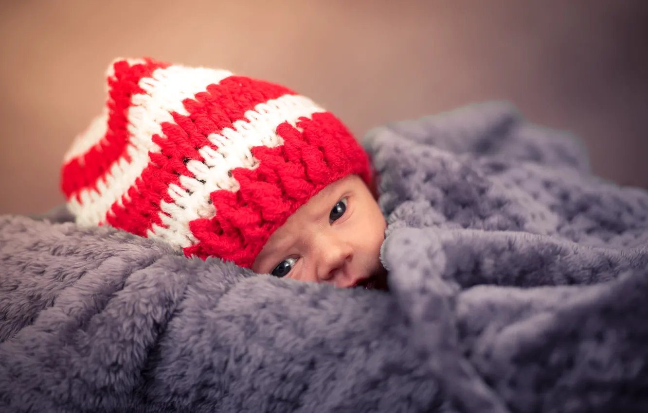 Фото обои взгляд, малыш, плед, ребёнок, шапочка, новорожденный