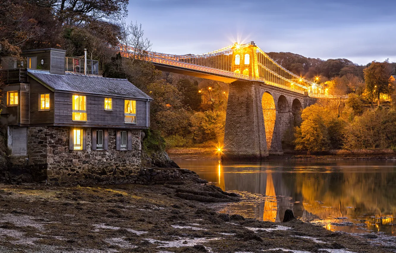 Фото обои деревья, мост, пролив, дом, Англия, England, Уэльс, Wales