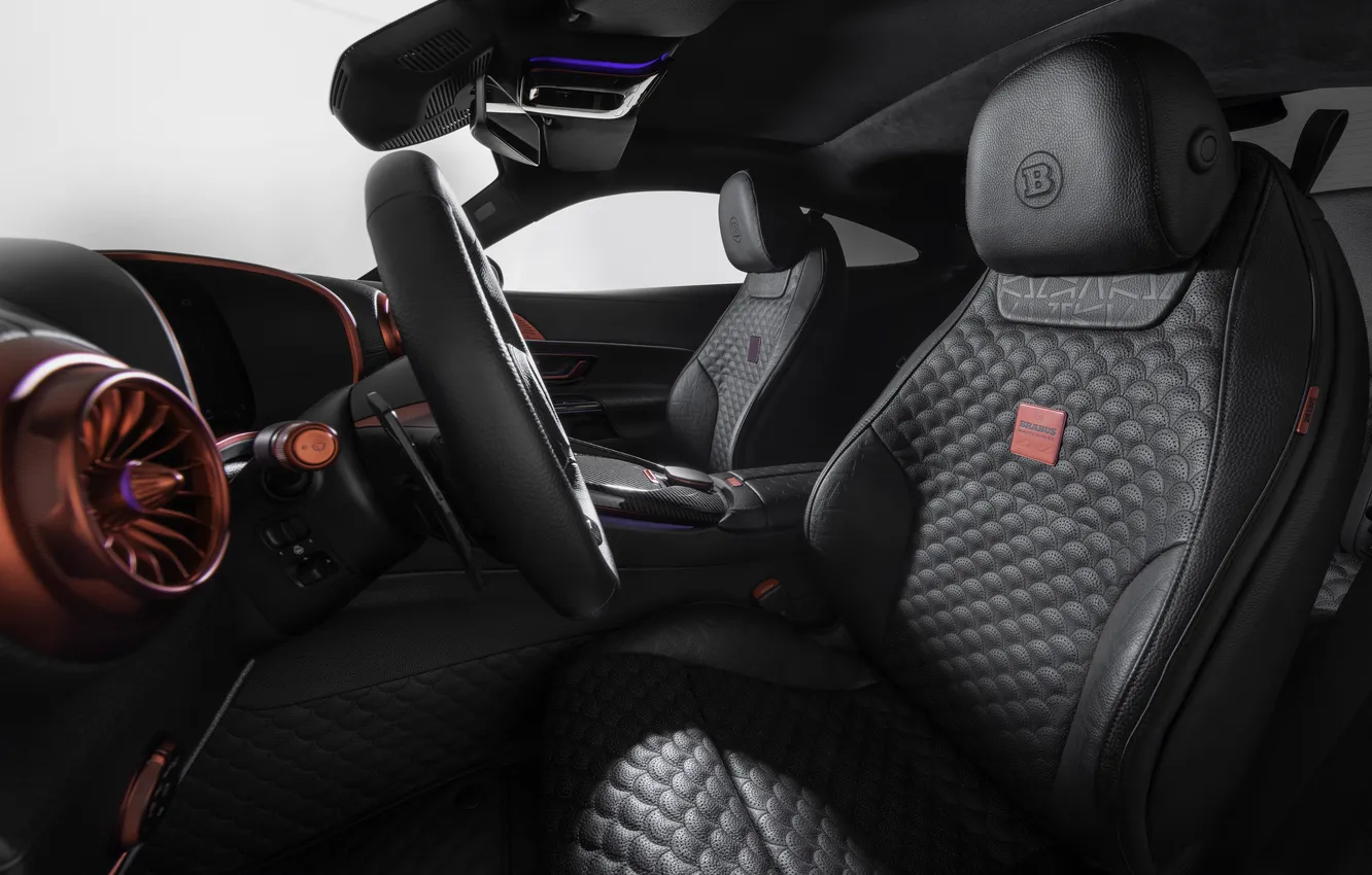 Фото обои Brabus, спортивное купе, салон автомобиля, Mercedes-AMG, 2025, Mercedes-AMG GT 63 S E Performance, черный кузов, …