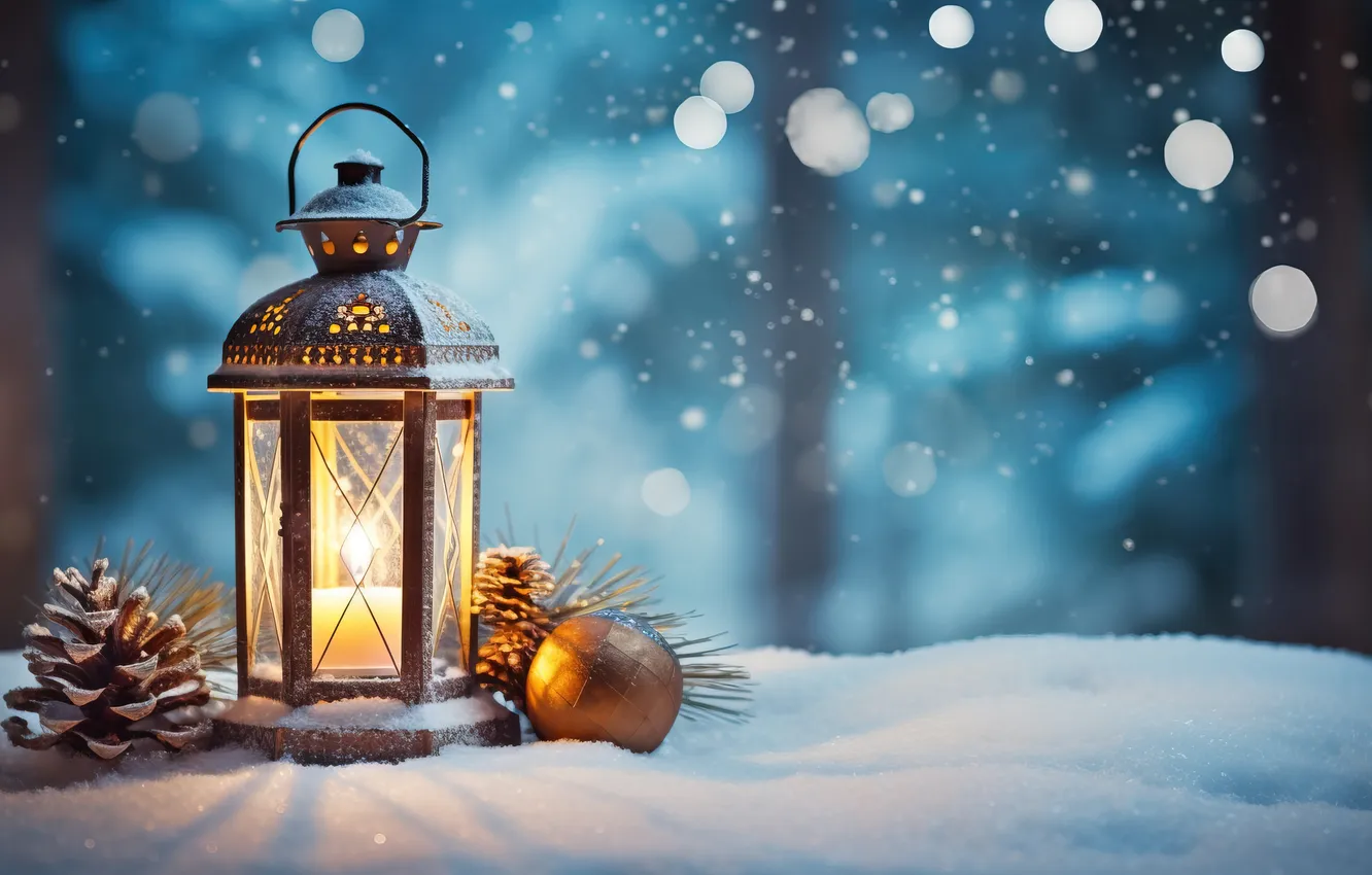 Фото обои зима, снег, ночь, Рождество, фонарь, Новый год, Christmas, night