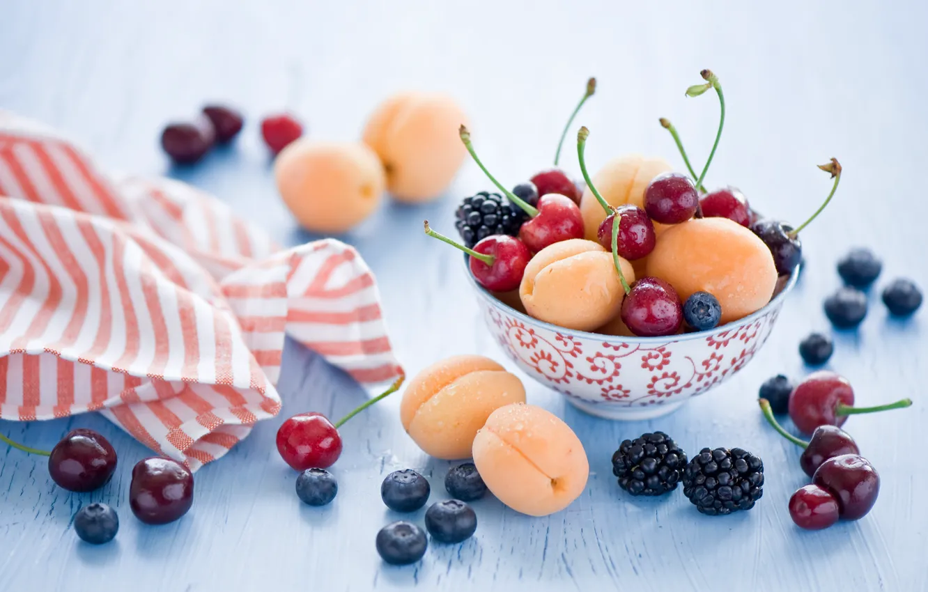 Фото обои лето, вишня, ягоды, черника, фрукты, натюрморт, черешня, ежевика