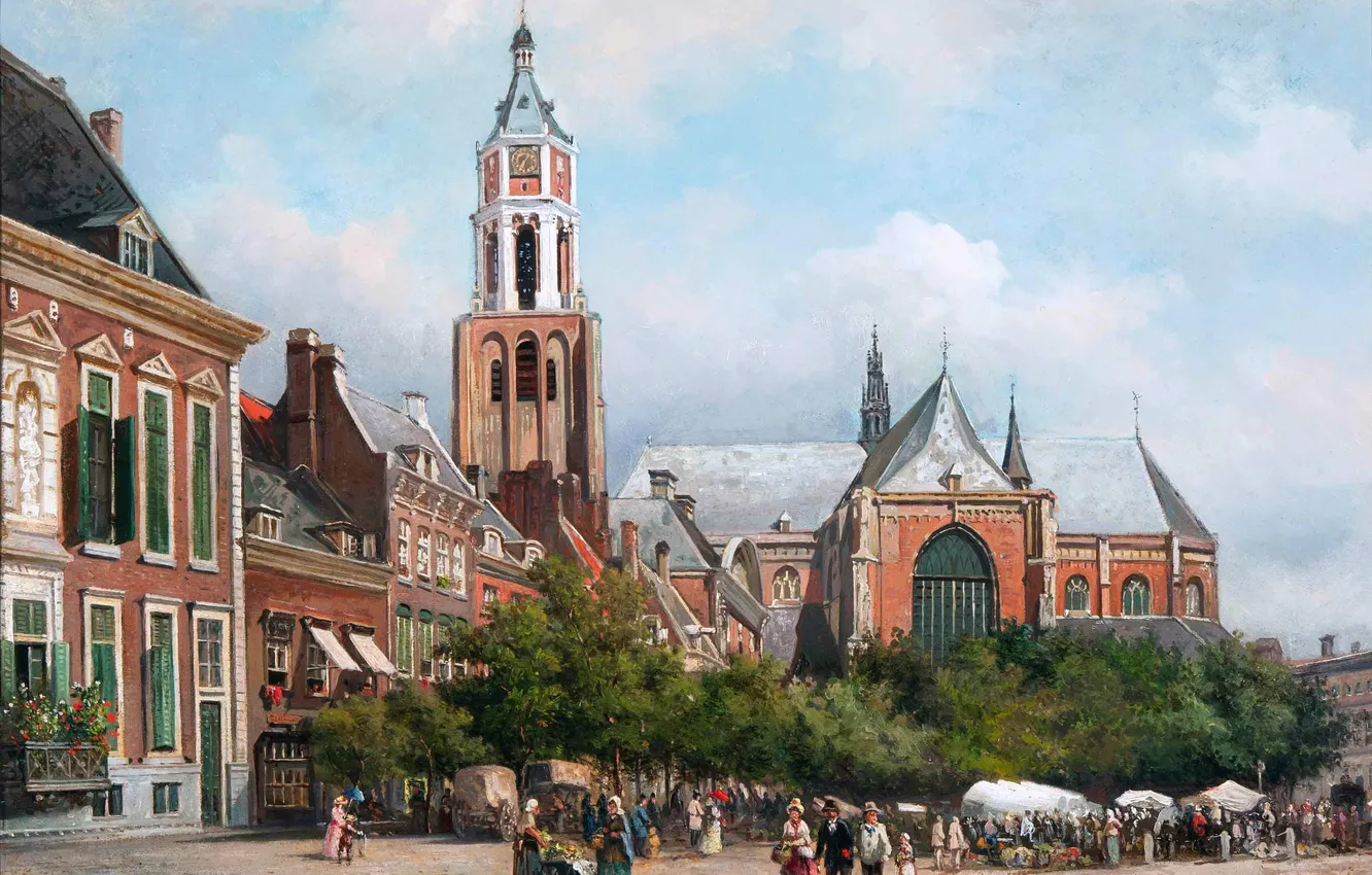 Фото обои Дома, Церковь, Люди, Картина, Голландский художник, Elias Pieter van Bommel, Элиас Питер ван Боммель, Церковь …