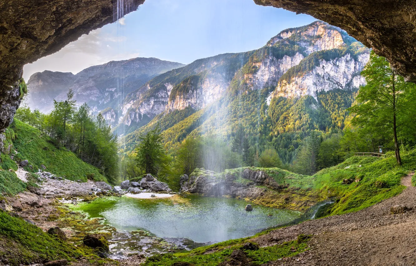 Фото обои горы, водопад, долина, Альпы, Италия, Italy, Alps, Friuli Venezia Giulia