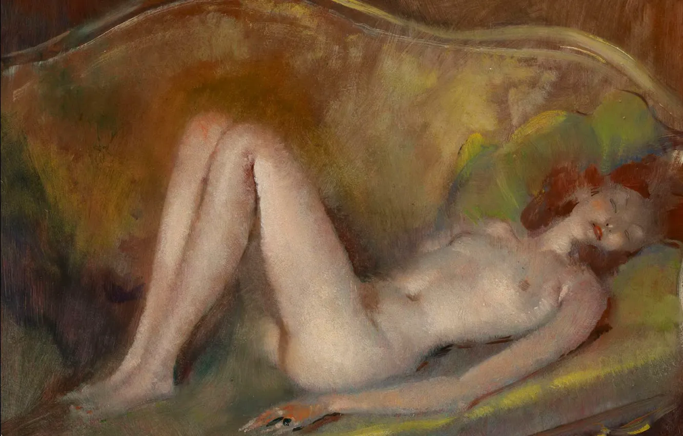 Фото обои грудь, диван, женщина, рыжая, Модерн, Jean-Gabriel Domergue, Обнаженная на софе