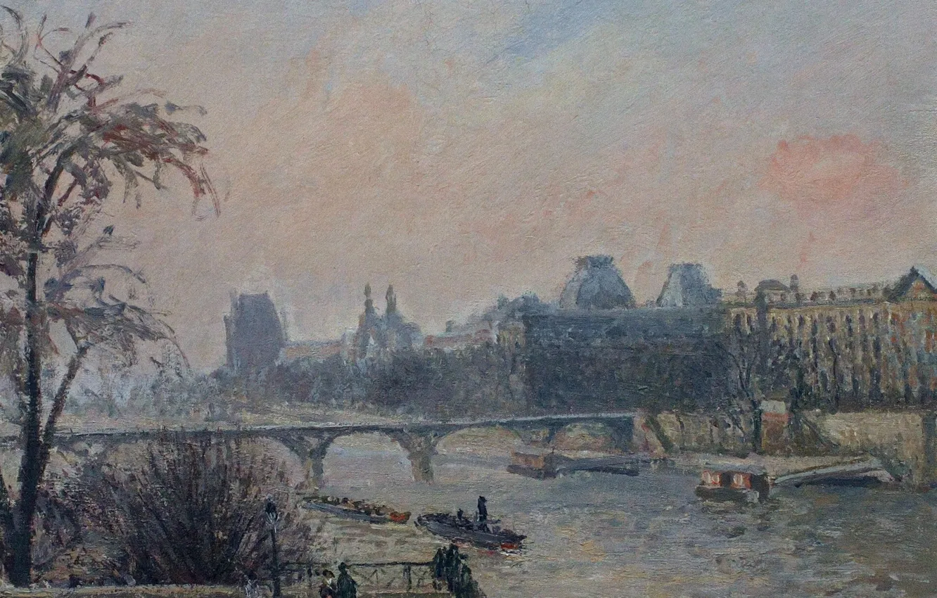 Фото обои мост, река, Париж, картина, городской пейзаж, Камиль Писсарро, Сена и Лувр